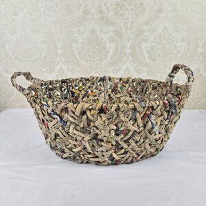 Handmade Double Handled Oval Shaped Basket Made From Newspapers